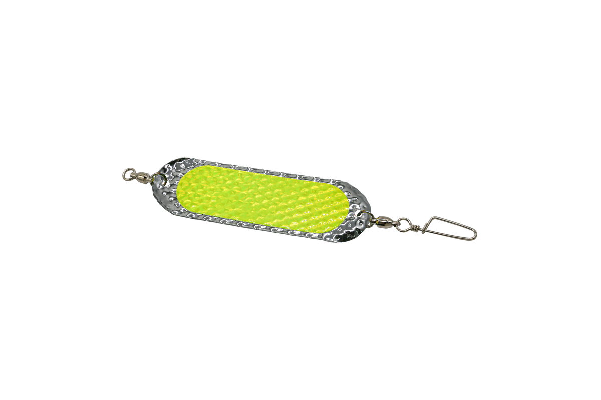 Slim UV Dodger 4.5" - Kokanee & Trout in Chrome w/ Chartreuse - Hammered, Popsicle - Smooth for kokanee, trout - Catch America product image