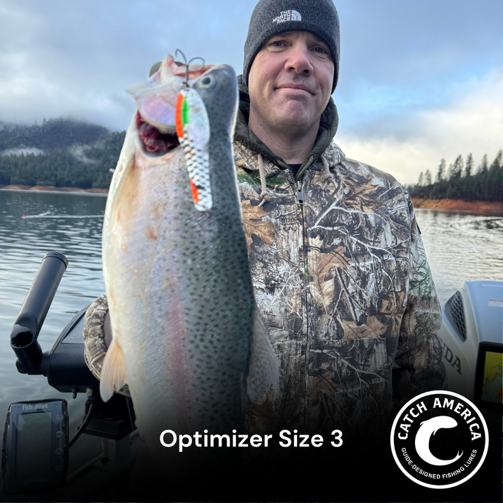 Optimizer Size 3 trolling spoon for trout, salmon, and striped bass