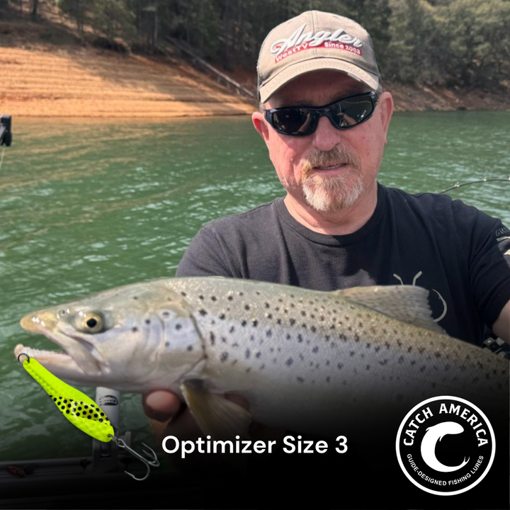 Optimizer Size 3 trolling spoon for trout, salmon, and striped bass