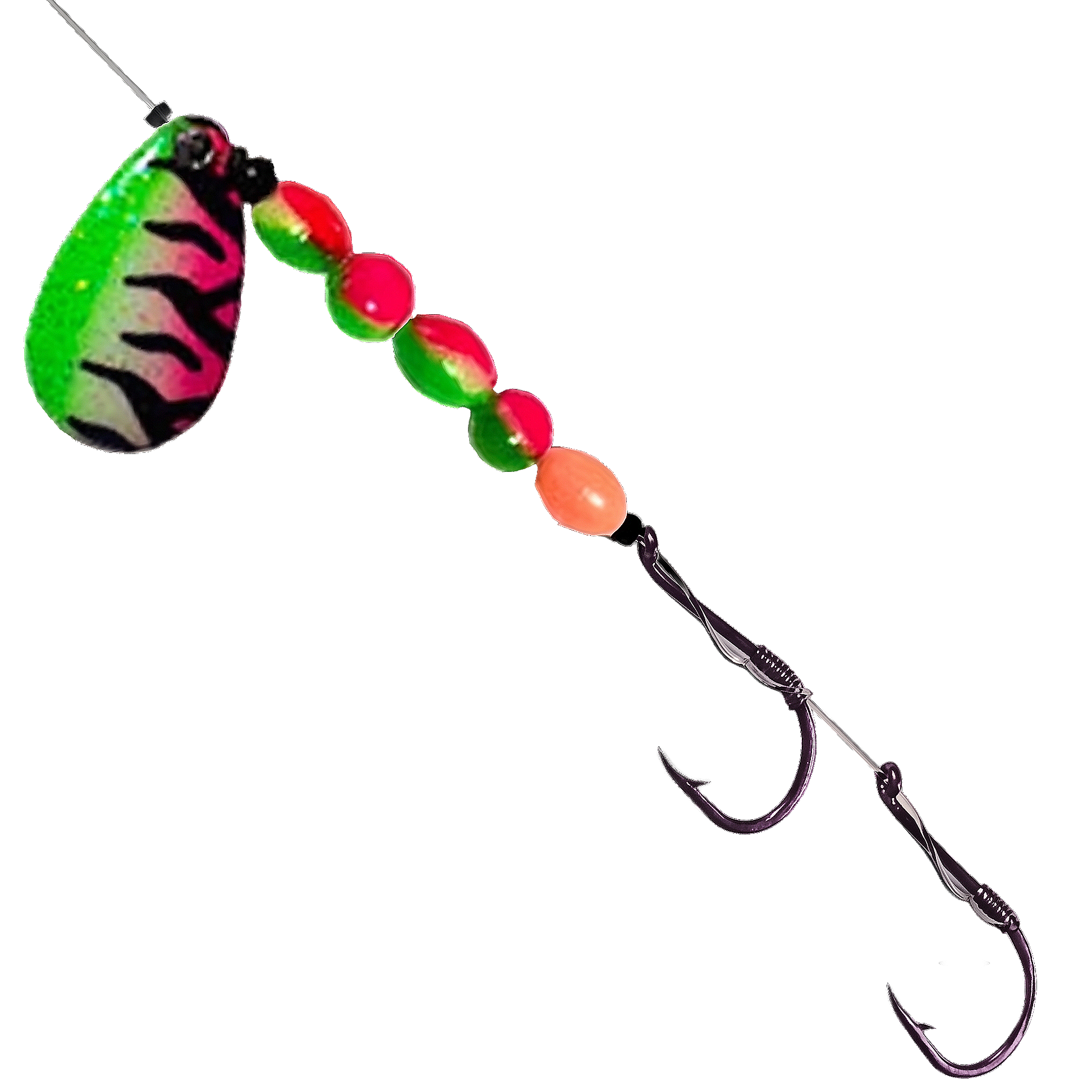 Uncle Larry's UV Glow Tiger Spinners in Tropical Tiger for king salmon, kokanee, landlocked salmon - Catch America product image
